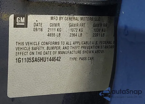 2017 Chevrolet Impala 1Lt from USA, damaged, VIN 1G1105SA6HU144642